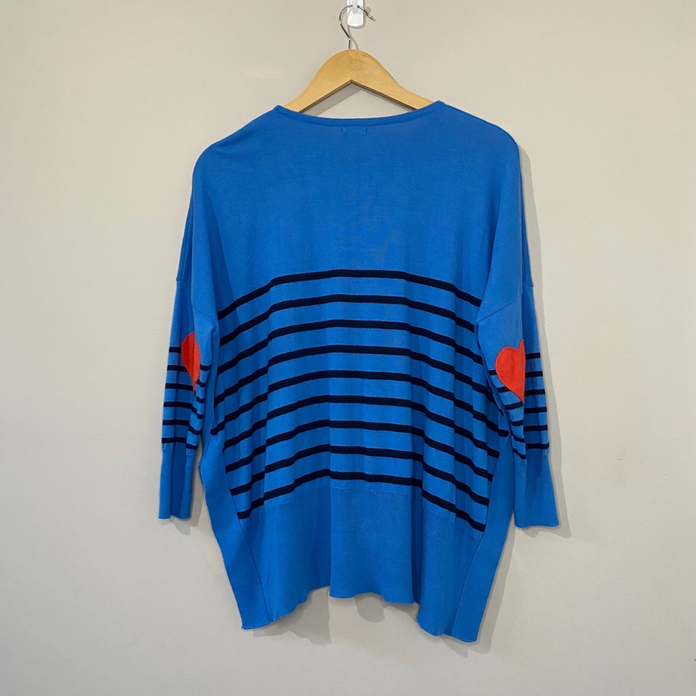 Mersea Blue Striped Oversized Sweater Red Heart Elbow Patches OS Pullover EUC - Picture 2 of 5